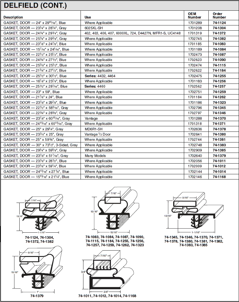 Delfield Refrigerator Gaskets