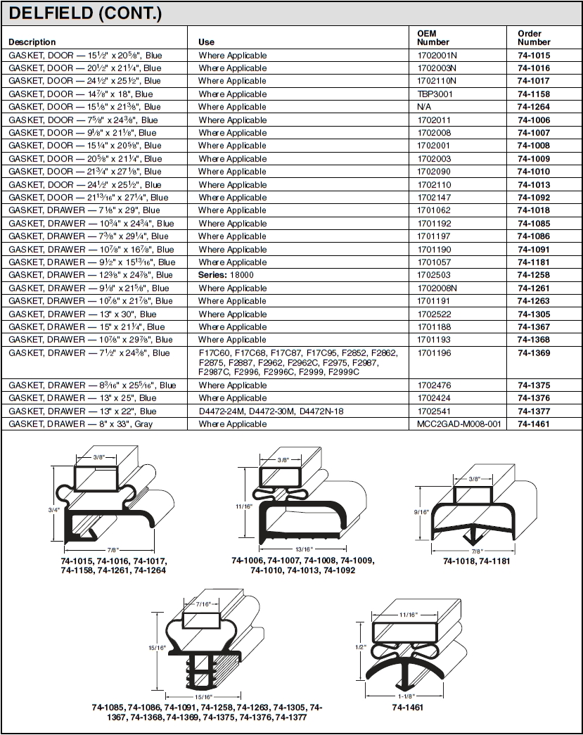 Delfield Refrigerator Gaskets